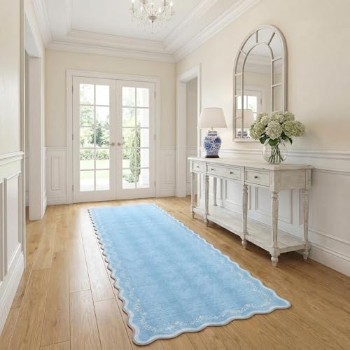 2x6 Scalloped Washable Runner Rug Non Slip Hallway Kitchen Rug (Baby Blue / 2' x 6' (Rectangular))