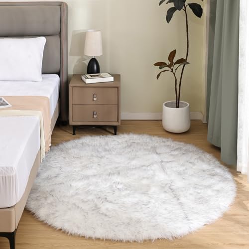 Circle Rugs 6.7ft for Living Room White with Grey Tips Faux Sheepskin Fur Round Rugs for Bedroom Fluffy Washable Rug Cute Home Décor (6'7" (Round) / White With Grey Tips)