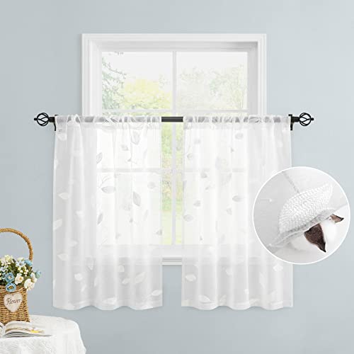 White Kitchen Sheer Tier Curtains Leaf Embroidered (30"W x 24"L (Pack of 2) / 4-white)
