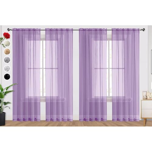 Lavender Sheer Curtains 4 Panels Rod Pocket Semi (Lavender / 52"W x 96"L (Pack of 4))