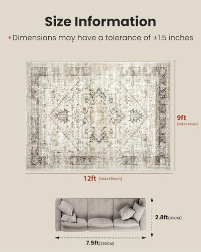 Amada Large 9x12 Washable Area Rug for Living Room (9' x 12' (Rectangular) / Grey/Beige)