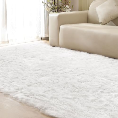White Rugs for Living Room 6x9 Area Rugs for Bedroom Large Washable Faux Sheepskin Fluffy Fur Rug Nursery Rugs Room Décor (6' x 9' (Rectangular) / White)