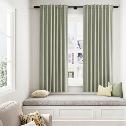 Sage Green 100% Blackout Curtains 63 Inch Length 2 Panels Set for Living Room Bedroom Back Tab Thermal Insulated Black Out Linen Drapes Room Darkening Window Curtains 63 Inches Long (Sage Green / 52"W x 63"L (Pack of 2))