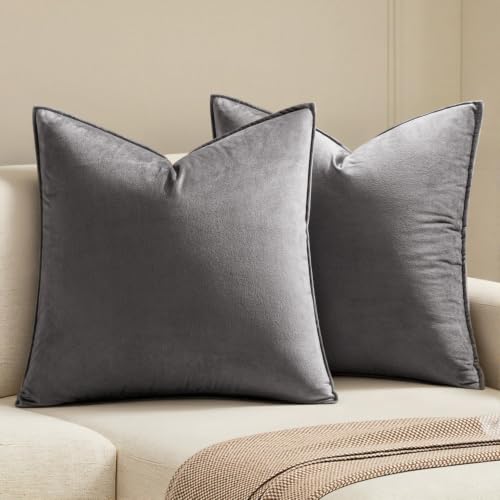 Decorative Dark Grey Velvet Euro Sham Throw Pillow Covers 24x24 Inch (24" x 24" (Pack of 2) / Dark Grey)