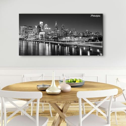 Philadelphia Skyline Wall Art Black and White City Canvas Pictures Bedroom Decor Pennsylvania Cityscape Prints Philly City Night View Paintings Poster Modern Aesthetic Artwork for Home Decoration 24x48" (48"L x 24"W / Philly)