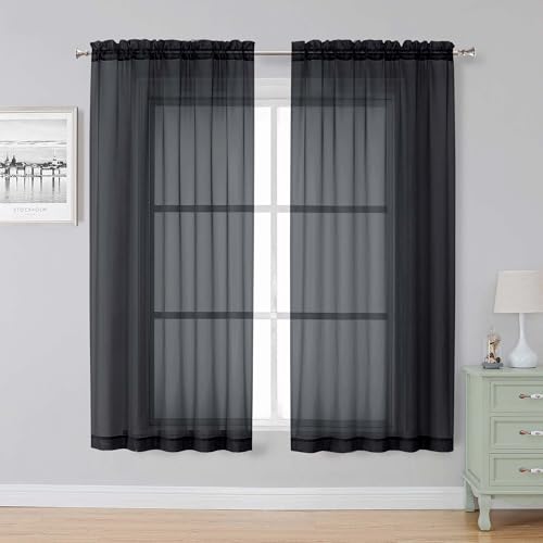 Black Sheer Curtains 63 Inch Length 2 Panels for Bedroom (Black / 59"W x 63"L (Pack of 2))