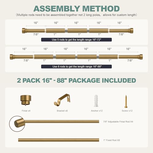 2 Pack Warm Gold Curtain Rods for Windows 48 to 84 Adjustable Length Heavy Duty 1" Diameter Brass Window Curtain Rod with Solid Metal Finials for Outdoor Farmhouse Bedroom Kitchen Living Room (Warm Gold / 16"-88"|2 Pack)