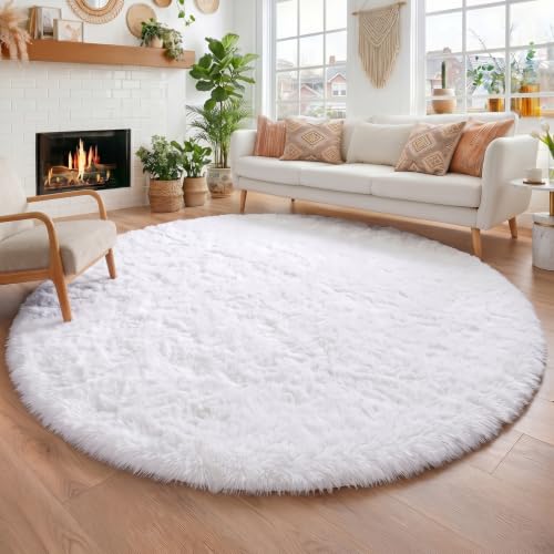 White Fuzzy Round Area Rug 5Ft for Bedroom Living Room Nursery (White / 5' (Round))