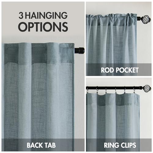 Dusty Blue Short Linen Curtain 52x45 Inch Long 2 Panels for Kitchen (52"W x 45"L (Pack of 2) / Stone Blue)