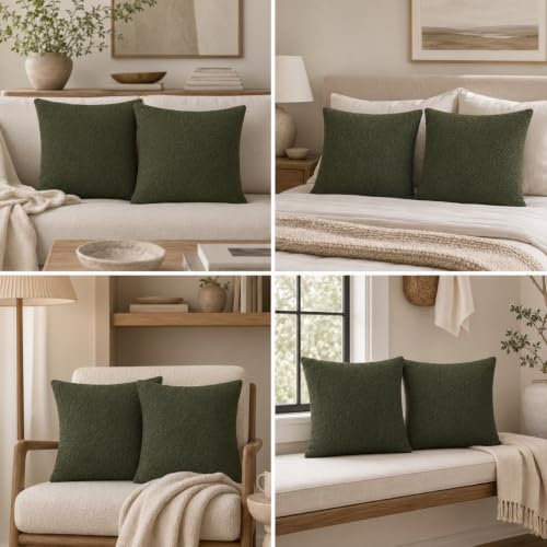 Boucle Throw Pillow Covers 16x16 inch Army Green (Army Green / 16" x 16" (Pack of 2))