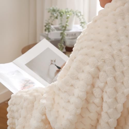 Cream White Throw Blanket 108"×90" Fuzzy 3D Jacquard Decorative (Cream White / 108"×90”)