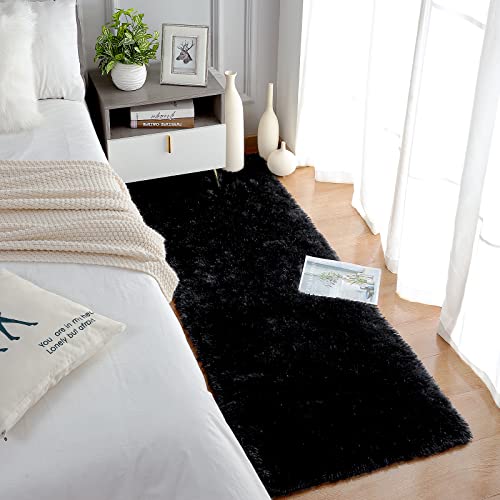 Soft Runner Rugs for Bedroom Living Room Plush Fluffy Rug 2x7 (Black / 2' x 7' (Runner))