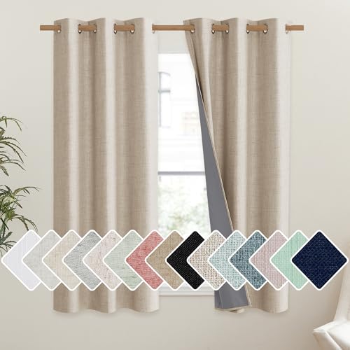 Cream 100% Blackout Linen Curtains 45 inch Long Burg for Dining Room (42"W x 45"L (Pack of 2) / Cream)