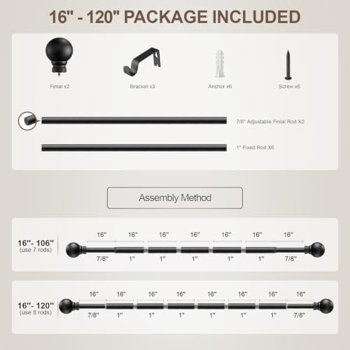 Matte Black Curtain Rods for Windows 66 (Matte Black / 16"-120"|1 Pack)