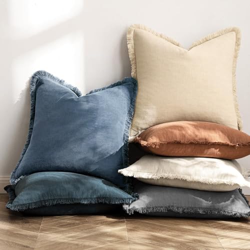 Linen Fringe Decorative Euro Throw Pillow Covers Blue Ashes 24x24 (24" x 24" (Pack of 2) / Blue Ashes)