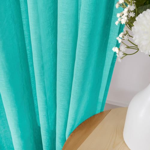 Sheer Curtains Living Room Linen Textured Curtain Sheers Light Filtering Voile Rod Pocket Curtains for Bedroom (38"W x 63"L (Pack of 2) / Aqua Blue)