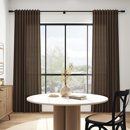 Chocolate Linen Curtains 84 Inch Length 2 Panels Set for Living Room Back Tab Light Filtering Semi Sheer Curtain for Bedroom Farmhouse Drapes (52"W x 84"L (Pack of 2) / Chocolate)