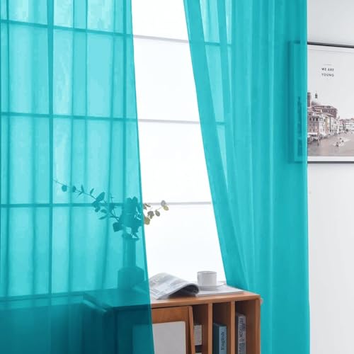 Sheer Voile Window Treatment Rod Pocket Curtain Panels for Kitchen Bedroom Living Room Drapes Sunlight Filtering Privacy Semi Home Decor Assorted (Peacock Blue / 52"W x 72"L (Pack of 2))