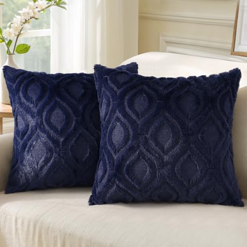 Faux Fur Plush Soft Navy Blue Throw Pillow Covers 22x22 Set of 2 (22" x 22" (Pack of 2) / Navy Blue)