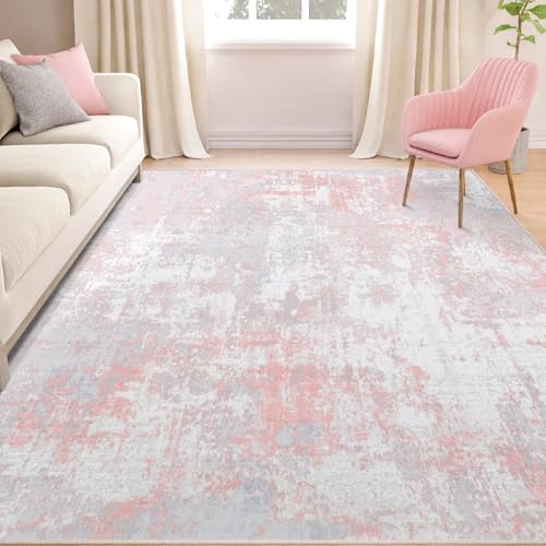 Washable 5'x7' Abstract Area Rug for Living Room Gray Pink (Gray/Pink / 5' x 7' (Rectangular))
