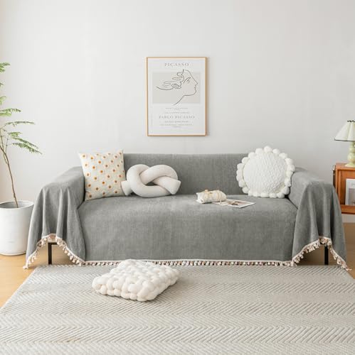Couch Slipcovers for Sofas Dark Grey Couch Cover Sofa Cover for Dogs Boho Pet Couch Protector with Tassel Chenille Herringbone Couch Cover for 2 3 Seat Washable Pet Friendly (71" x 134" / Tassel Ball: Dark Grey)