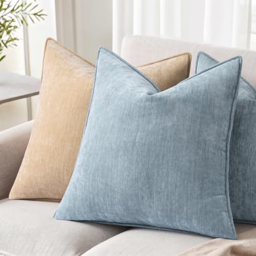 Chenille Light Blue Velvet Throw Pillow Covers 22x22 Set of 2 (Light Blue / 22" x 22" (Pack of 2))