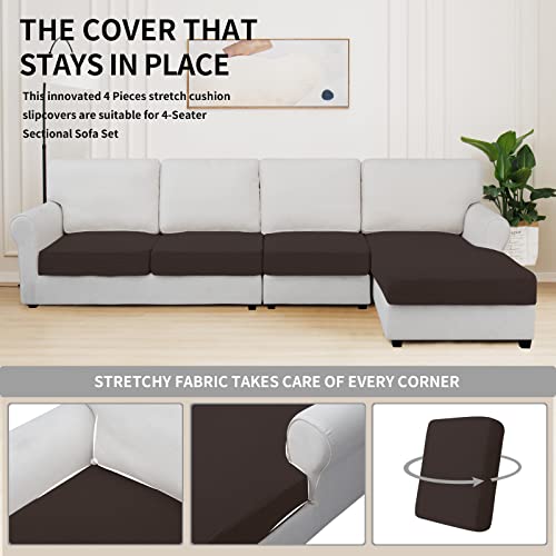 Stretch 4 Pieces Couch Cushion Covers for Sectional Sofa L Shape (3 Seater + 1 Chaise / Chocolate)