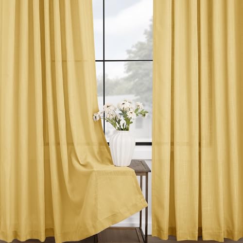 Gold Curtains for Living Room Back Tab Modern Farmhouse Semi Sheer Curtains 96 inches Long 2 Panels Set Muted Neutral Window Curtain for Dining Room Bedroom 52x96 (Rich Gold / 52"W x 96"L (Pack of 2))
