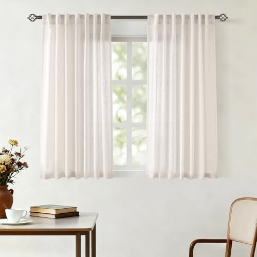 Natural Linen Curtains for Living Room Back Tab Modern Farmhouse Semi Sheer Natural Linen Curtains 45 inches Long 2 Panels Set Muted Neutral Window Curtain for Dining Room Bedroom 52x45 (Natural / 52"W x 45"L (Pack of 2))