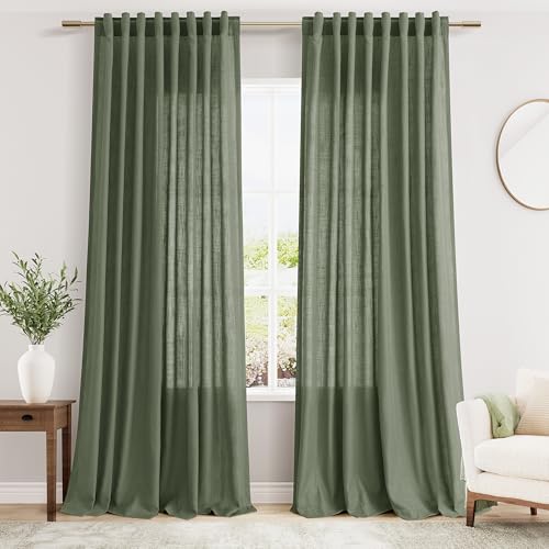 Olive Green Linen Blend Semi Sheer Curtains 108 Inches Long x 60 Inches Wide (60"W x 108"L (Pack of 2) / Loden)