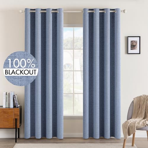 100% Blackout Linen Curtains for Bedroom 52x72 Inches Stone Blue (Stone Blue / 52"W x 72"L (Pack of 2))