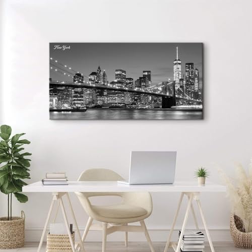 New York Wall Art for Living Room Brooklyn Bridge Canvas Prints Black and White Manhattan Night View Posters Modern Cityscape Panoramic Painting Artwork for Bedroom Office Home Decoration 24x48" (48"L x 24"W / New York)