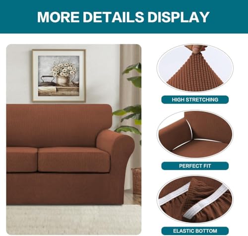 4 Piece Sofa Covers for 3 Cushion Couch Sofa Slipcover Soft Couch Cover for Dogs Washable Furniture Cover with 3 Individual Large Cushion Covers Feature Fabric (L Sofa (3 Cushion) / Caramel)