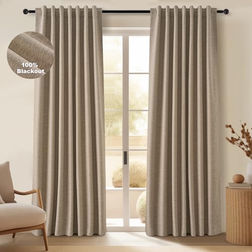Greige 90 Inches Long Blackout Natural Linen Curtains for Bedroom (Dark Flax / 52"W x 90"L (Pack of 2))
