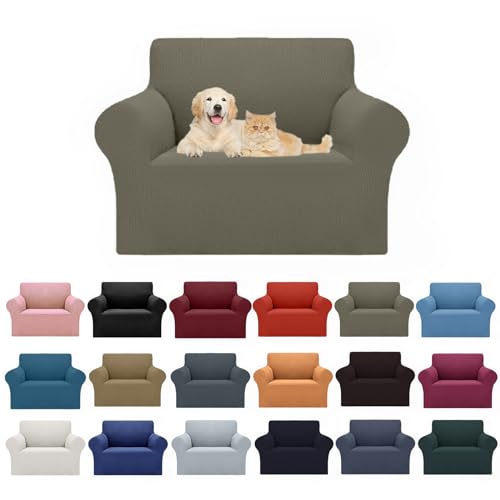 2026 New Stretch Chair Sofa Slipcovers Couch Cover for 1 Seater Furniture Protector Sofa Covers with Elastic Bottom Jacquard Fabric Small Checks for Pets (Khaki / Chair)