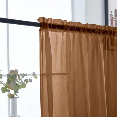 Sheer Voile Window Treatment Rod Pocket Curtain Panels for Kitchen Bedroom Living Room Drapes Sunlight Filtering Privacy Semi Home Decor Assorted (Brown / 52"W x 72"L (Pack of 2))