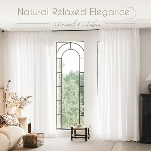 Extra Long White Curtain 144 inches Long 2 Panels Set Back Tab Light Filtering Cotton Textured Curtain Modern Farmhouse Coastal Decor Off White Linen Drapes 144 inch Length for Large Window 12 FT Tall (White / 52"W x 144"L (Pack of 2))
