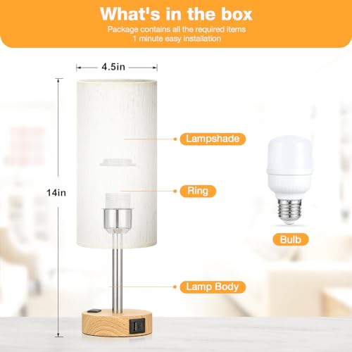 Bedside Table Lamp for Bedroom (Cream Shade-Wood Base / 14")