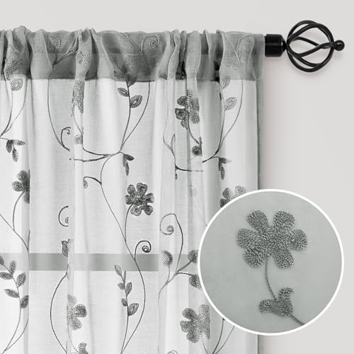 Grey Sheer Curtains 96 Inches Long 2 Panels Embroidered Floral Pattern Semi Sheer Window Curtains for Bedroom Living Room (52"W x 96"L (Pack of 2) / Grey)