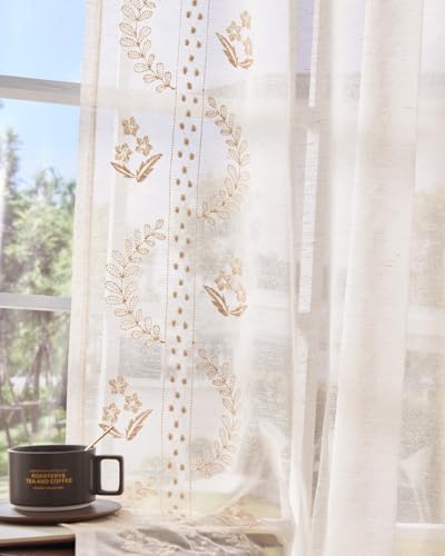 Floral Sheer Curtains (S | Beige / 50"W x 96"L (Pack of 2))