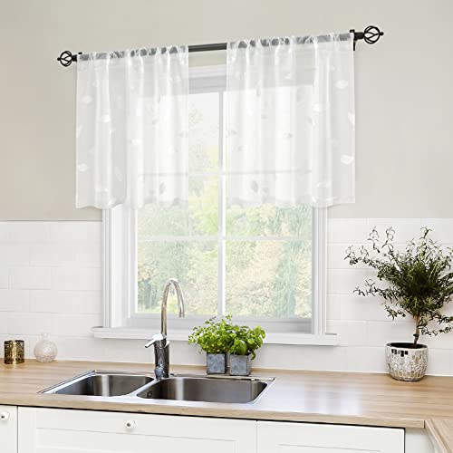 White Kitchen Sheer Tier Curtains Leaf Embroidered (30"W x 24"L (Pack of 2) / 4-white)