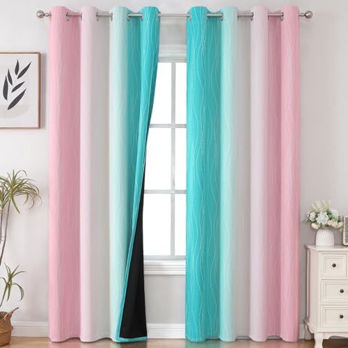 Pink and Teal Ombre Blackout Curtains for Bedroom 84 Inch (Pink and Teal / 52"W x 84"L (Pack of 2))