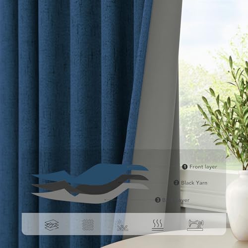 Navy Blue Curtains for Living Room 102 Inch Long 100 Percent Blackout Linen Look Viral Window Curtains for Bedroom Black Out Drapes for Nursery Bedroom Dorm 52x102 Length 2 Panels Midnight Royal Blue (Navy Blue / 52"W x 102"L (Pack of 2))