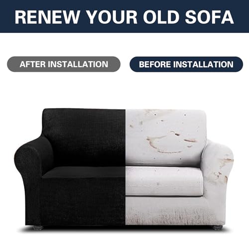 2026 New Stretch Loveseat Sofa Slipcovers Couch Cover for 2 Cushion Furniture Protector Sofa Covers with Elastic Bottom Jacquard Fabric Small Checks for Pets (Black / Loveseat)