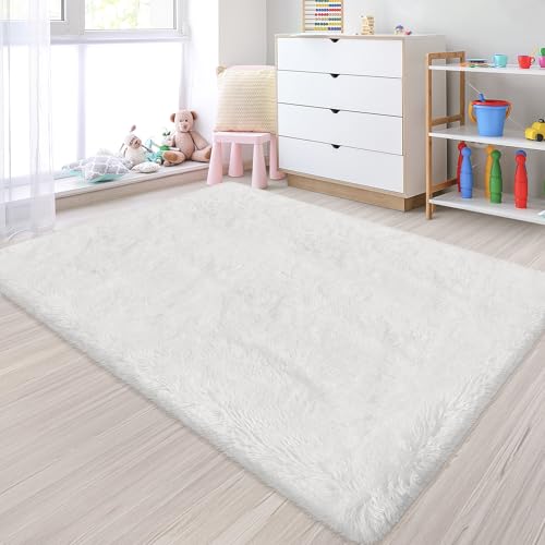 Small Area Rug for Bedroom 3x5ft Mini White Fluffy Rug Mat Bedside Throw Rug for Kids Room Boys Teens Nursery Baby Dorm Living Room Home Decor Aesthetic Carpets (White / 3' x 5' (Rectangular))