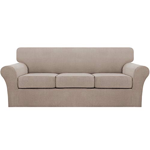 4 Piece Sofa Covers for 3 Cushion Couch Sofa Slipcover Soft Couch Cover for Dogs Washable Furniture Cover with 3 Individual Large Cushion Covers Feature Fabric (L Sofa (3 Cushion) / Sand)