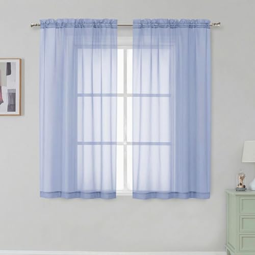 Denim Short Sheer Curtains 45 Inch Length for Small Windows (Denim / 42"W x 45"L (Pack of 2))