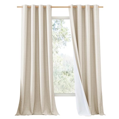 100% Absolutely Blackout Linen Curtains with Thermal Insulated White Liner (52"W x 108"L (Pack of 2) / Beige)