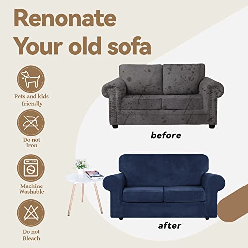 Velvet Stretch 3 Pieces Couch Cover for Sofa Washable (Medium / Navy Blue)