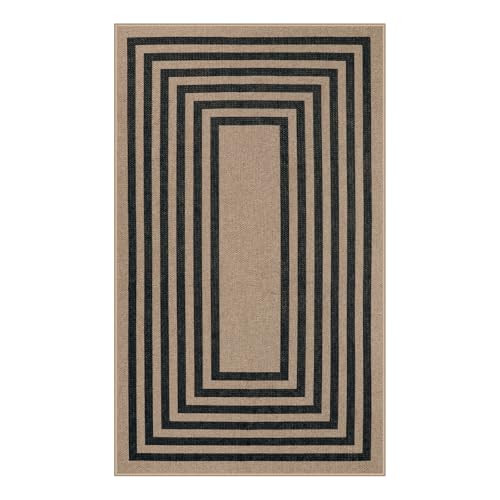 Modern 3x5 Outdoor Patio Rug (3' x 5' (Rectangular) / Nature/Black Border)